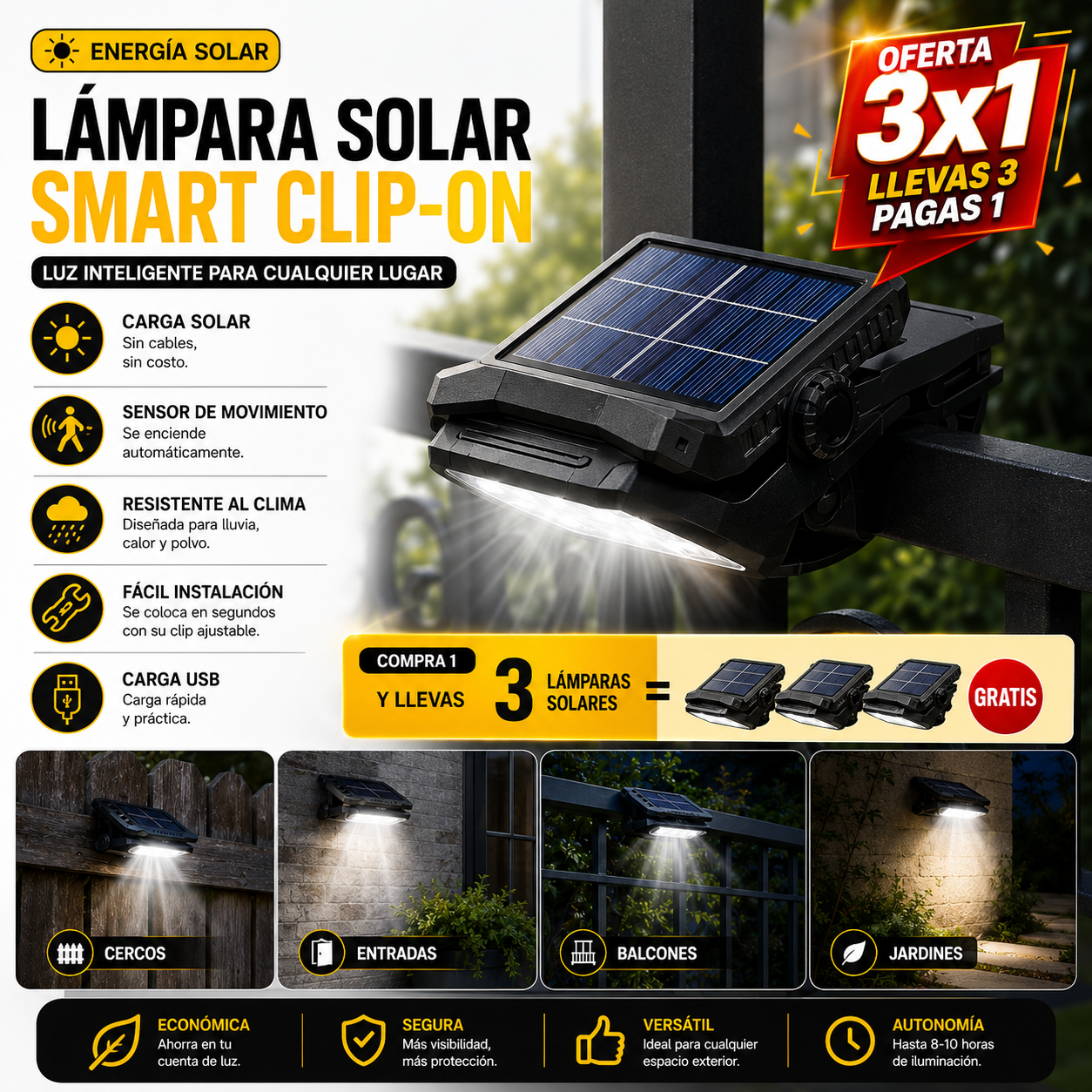 Lámpara Solar Smart Clip-On - Luz Inteligente para Cualquier Lugar (3x1)